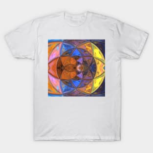 Mosaic Kaleidoscope Flower Orange Blue and Yellow T-Shirt